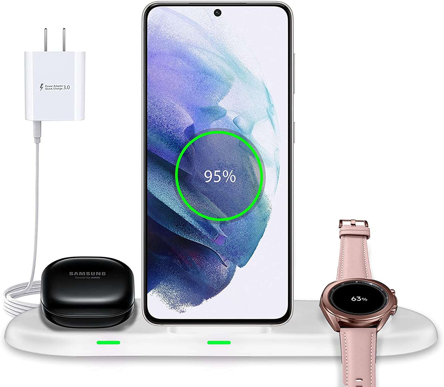 Wireless Charging Station 3 in 1 Samsung ギャラクシー腕時計 4 活動的な 2 つのシリーズおよびギャラクシー芽シリーズ Samsung ギャラクシー S22 S20 ノートと互換性がある電話充電器の立場のドックのための速い無線充電器 携帯電話充電スタンド 白