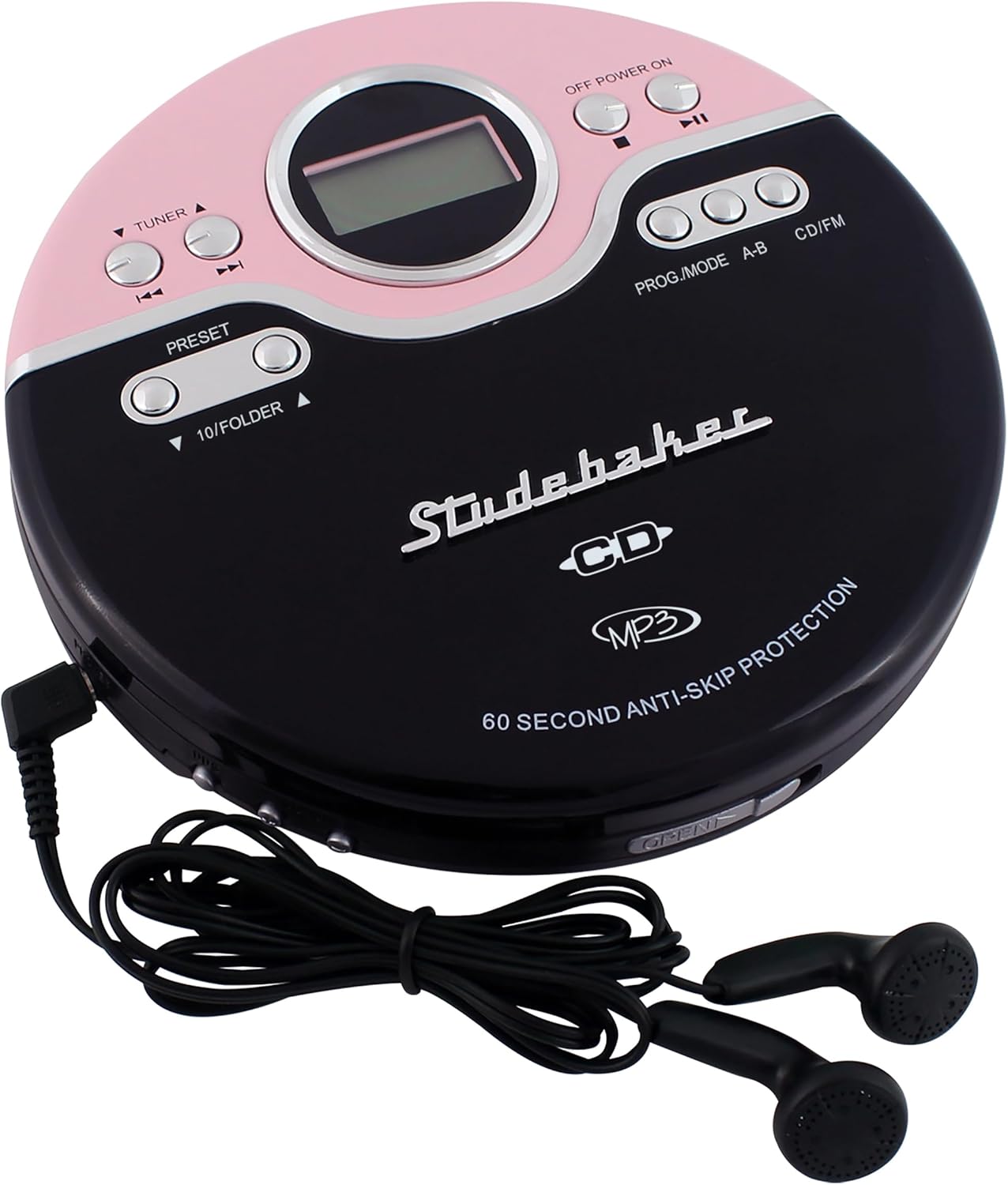 製品仕様 商品名 Studebaker ポータブルCDプレーヤー ピンク レトロ レトロデザイン CD-R/RW MP3再生 プログラム可能 パーソナルCDプレーヤー アンチスキップ FMラジオ メガバスブースト MP3対応 FMラジオ アンチスキップ機能 スポーツイヤホン ポータブルCDプレーヤー ヴィンテージマゼンタ ブランド Studebaker 型番 SB3703PBB 製品寸法 約14.5 × 2.54 × 14.1 cm その他商品説明 ■ポータブルレトロスリムデザイン。走りながら音楽を楽しめる。CDもMP3もこれ1台でOK。 ■外出先でもお気に入りの音楽を楽しめる、Studebaker SB3703 FMラジオ搭載 ポータブルCDプレーヤー。 コンパクトで軽量なデザインです。 ■本体にはヘッドホン端子とイヤホンが付属。 60秒アンチスキップ（音飛び防止）機能を搭載し、移動中でも安定した再生が可能です。 さらに、低音を強調するバスブースト機能、見やすいデジタルLCDディスプレイを備え、 スキップ／サーチ、再生／一時停止、リピート再生、プログラム再生（メモリー機能）など多彩な操作に対応しています。 ■mini USBポート搭載で、パソコンやUSB電源からの給電も可能。 ポータブル使用時は単三電池×2本（別売）で動作します。 ■FMラジオ搭載のポータブルCDプレーヤー。60秒音飛び防止、低音ブースト、USB給電対応。オーディオブック再生にもおすすめ。