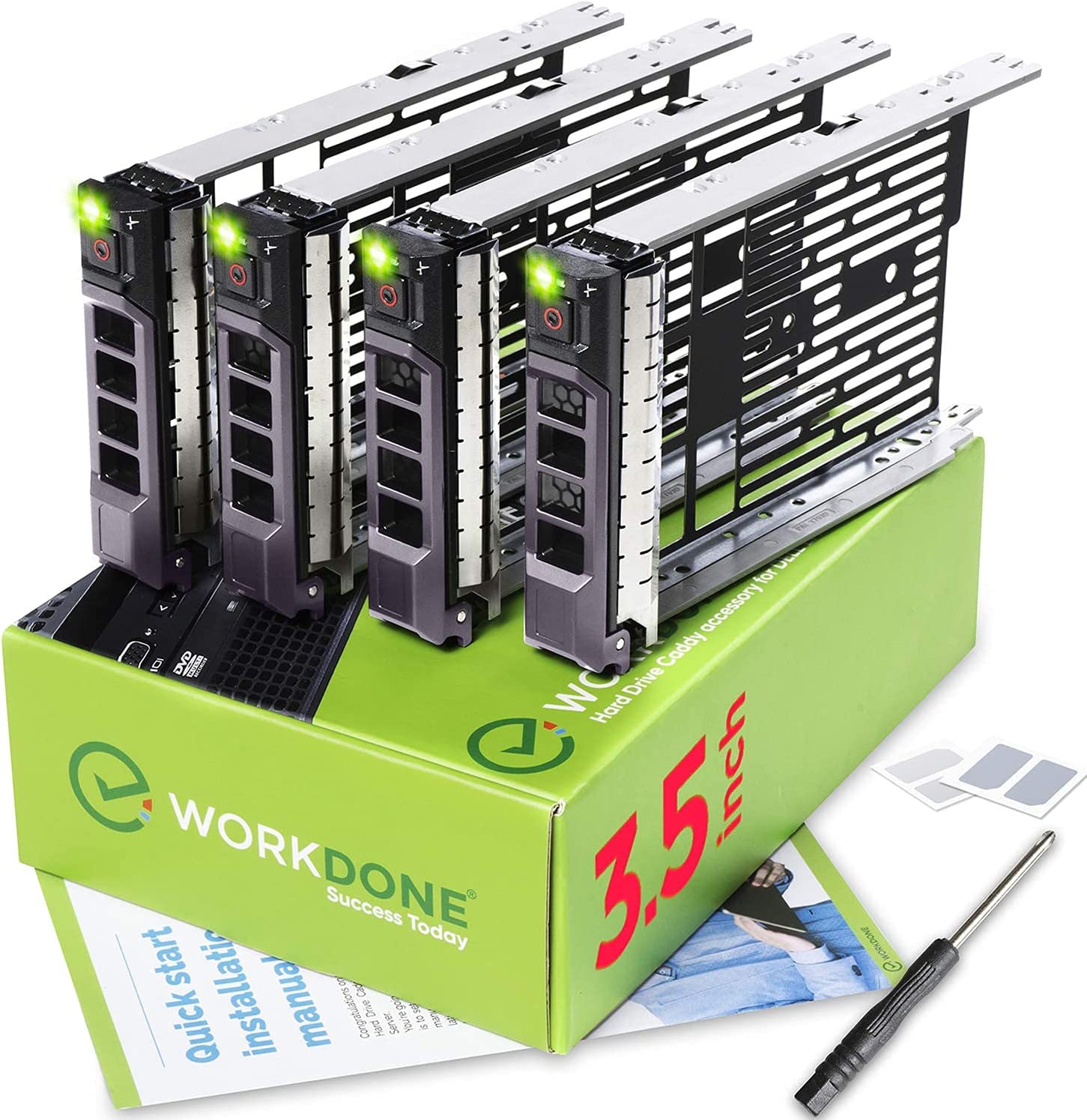 WorkDone 4パック 3.5インチ HDDキャディ KG1CH 適合機種: Dell PowerEdge サーバー 詳細な取り付けマニュアル フロントステッカーラベル スクリュードライバー HDDトレイネジ付き 3.5インチハードドライブキャディ スレッドフロントステッカーラベル トレイネジの追加