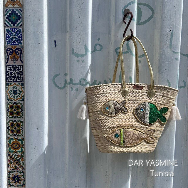かごバッグ　キラッキラのお魚が泳いでる　内布付き　持ち手ロング　チュニジア手編みかご　刺繍　ナツ..