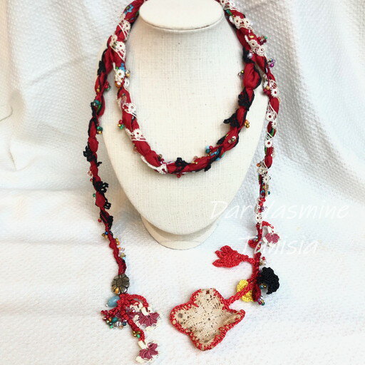 オヤ刺繍　使用時長さ約164cm　トルコの伝統手芸　ラリエットネックレス　「さりげなく華やかに彩りを」　シルク　刺繍　ビーズ編み　ゴージャス　1点もの　オリジナル　チョーカー　ラリエット113