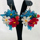 トルコ オヤピアス ブルーとホワイトの涼しげなお花に紅一点 1点もの コットン シルク 刺繍 天然石 ビーズ oya刺繍 1122