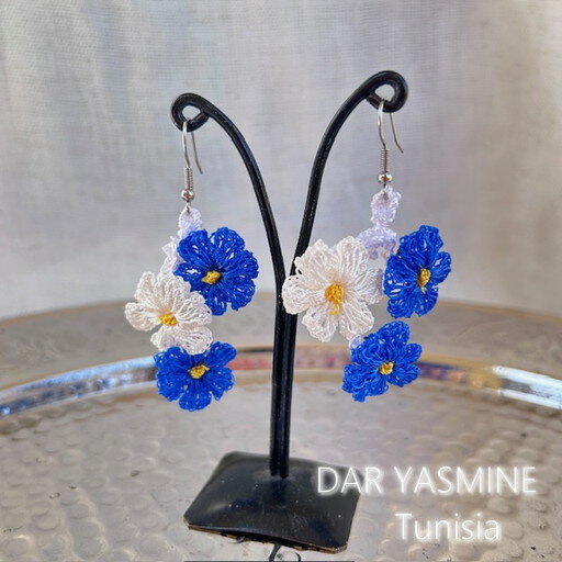 樂天商城 - トルコ伝統工芸　oya刺繍　「澄んだ水に浮かぶ花びら」　お花3連ピアス01　おしゃれピアス　パーティー　プレゼント　コットン　シルク　刺繍　　1点もの　オリジナル　oya刺繍　Troya-F3P01