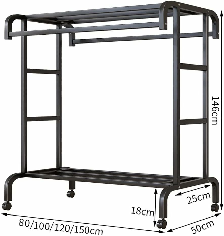 車輪付き衣類ラック、ダブルレール金属衣類ラック、衣類を掛けるための収納棚付き多機能自立衣類ラックレール 物干しスタンド 2