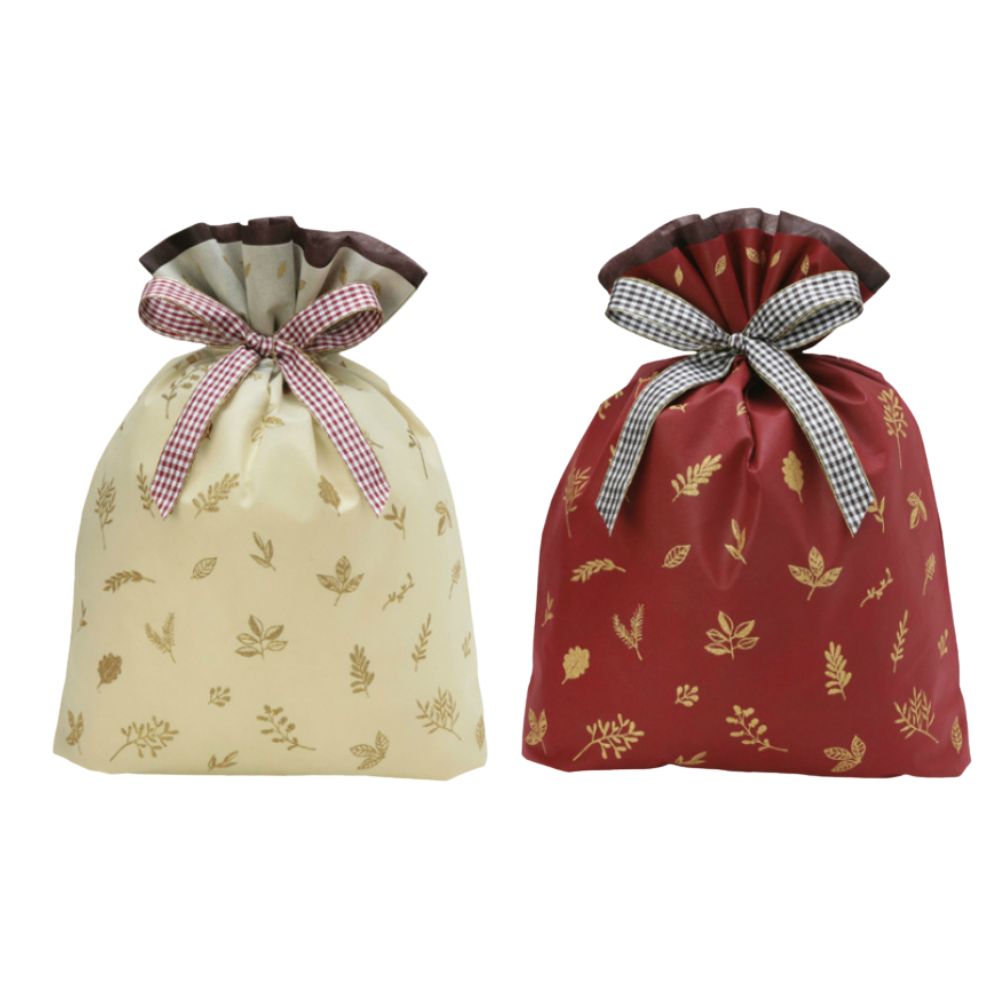 ラッピング 巾着バッグ シャイニーリーフ Lサイズ 1枚入 ナチュラル ワインレッド ラッピング レター ギフト プレゼント MB-B