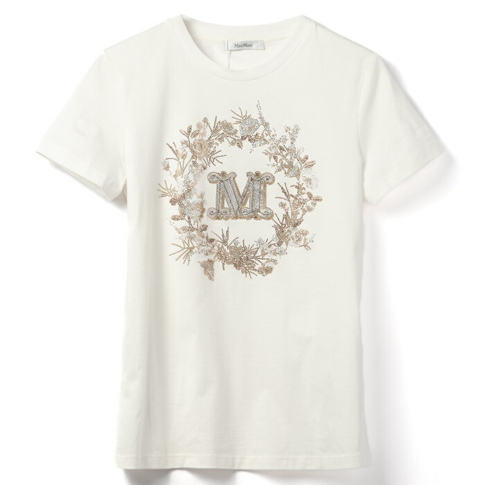 マックスマーラ MAX MARA Tシャツ ELMO 刺繍ロゴ 半袖シャツ クルーネック ショートスリーブ ラインストーン 2024年春夏新作 2411941011 0003【2024SS】