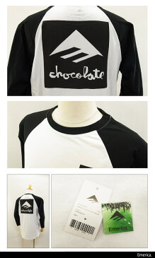 エメリカ×チョコレート 七分袖 ラグラン Tシャツ ブラック/ホワイト スケート スケーターウエアー (Emerica×CHOCOLATE RAGLAN TEE コラボモデル) 【あす楽対応】【楽ギフ_包装】【あす楽_土曜営業】