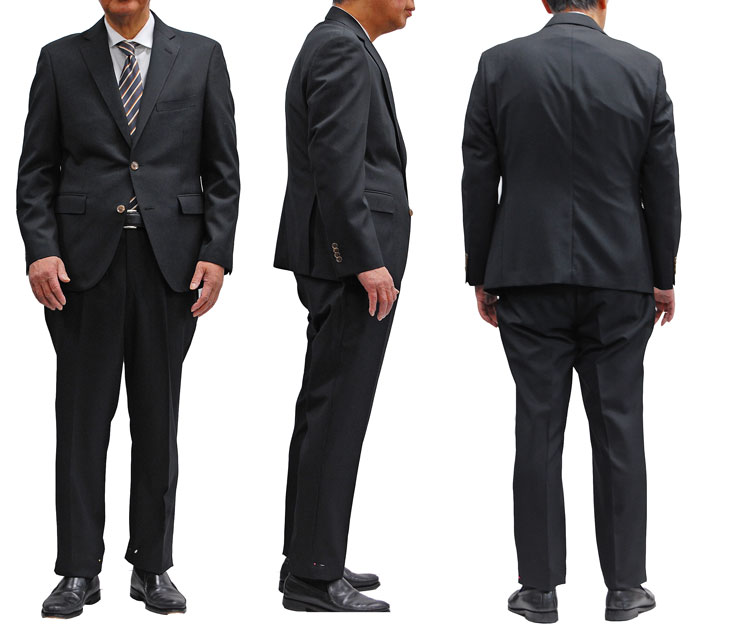 オールシーズン細身 シングルスーツノータックメンズスリムスーツ ビジネスリクルートスーツ黒シャドー柄 6620-03