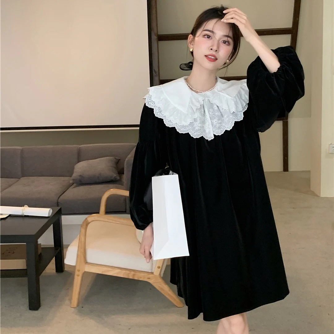 【マタニティ】 ホワイトカラーブラックワンピース