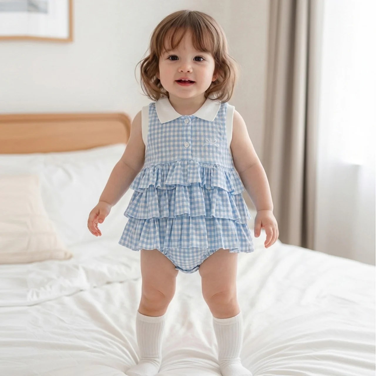 乐天商城 - ギンガムチェックブルーロンパース 60cm～90cm