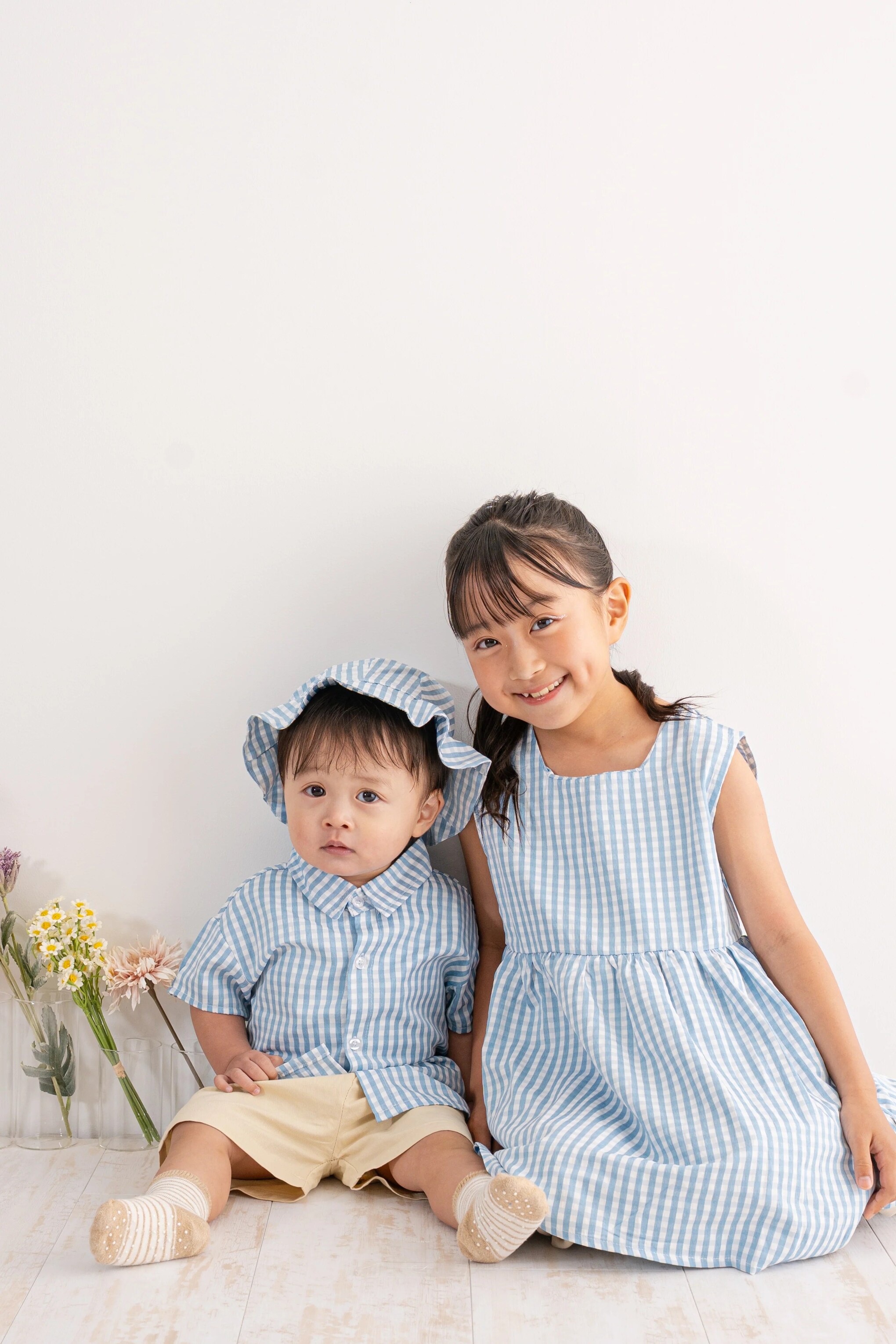 乐天商城 - 【即納商品】 兄妹ブルーチェックコーデセット 80〜140cm 綿100％ ベビー キッズ 女の子 男の子