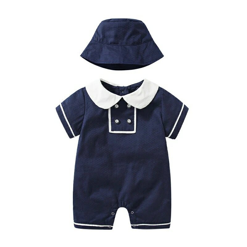 【即納商品】ダブルボタンネイビーロンパース 半袖+帽子 2