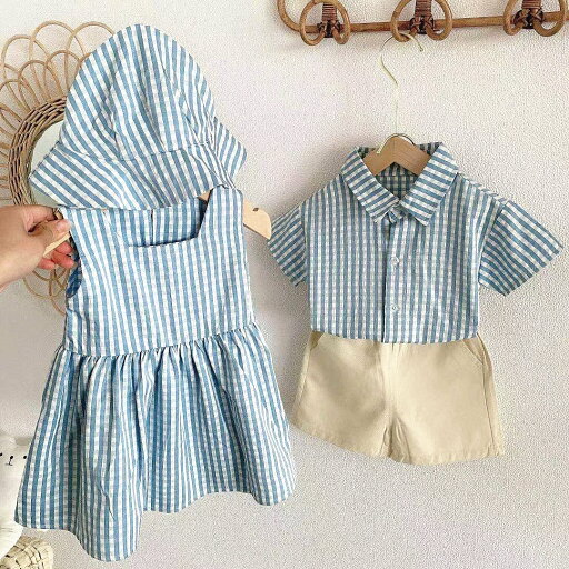 【即納商品】 兄妹ブルーチェックコーデセット 80〜140cm 【即納商品】 兄妹ブルーチェックコーデセット 80〜140cm