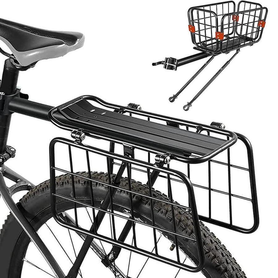 自転車バスケット 汎用タイプ 自転車荷台 耐荷重110KG リアキャリア 荷物ラック 後付け アルミニウム合金素材 籠 変形可能 安定 固定用ゴム紐付き バイクラック