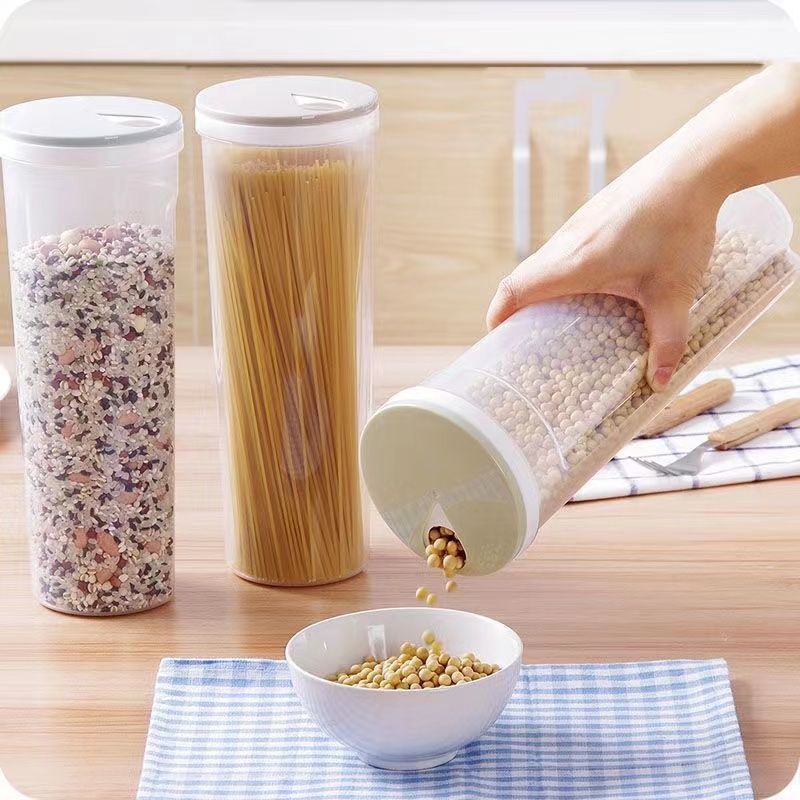 アンバーストアセレクトの食品ストッカー スパゲッティ 収納する 計量【二つ】 うどん箱 パスタポット パスタケース 小豆 落花生 パスタ用 収納 容器 360°回転 ダイズ パスタ容器 乾物入れ 密閉保存容器 計量機能付き 保存 密閉 プラスチック 保存容器 食品保存容器 パスタはかり パスタ 保存｜アングル2