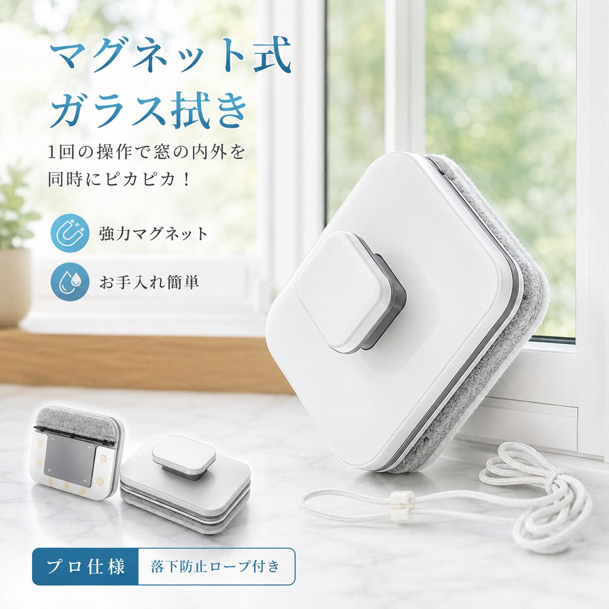 商品の特徴 【マグネット式ウィンドウクリーナー】 ◎ 窓の内側・外側を同時にキレイに クリーナーで窓を挟み込むだけで、内側と外側の両面を一気に掃除できます。面倒な窓拭きの時短にぴったりのアイテムです。 ◎ マグネット式でしっかり固定、簡単取り外し 強力マグネットで窓を両面からしっかり挟み込みます。使用後は内側と外側のクリーナーを反対方向に回せば、簡単に取り外せます。対応ガラス厚は3mm〜10mmで、中空ガラス・二重層ガラス・断熱ガラスなど様々な窓にご使用いただけます。 ◎ 落下防止紐付きで高所でも安心 外側のクリーナーには落下防止紐が付属。手首に通して使えば、万が一の落下も防げます。2階の窓や高層マンションなど、掃除が難しい場所にもおすすめです。 ◎ 磁力でしっかり汚れをキャッチ 磁気を利用した構造で、清潔な除染繊維布と高弾性シリコンスクレーパーが窓の外側まできれいに掃除します。効率的で仕上がりの良いウィンドウクリーナーです。 仕様と詳細 素材 ABS 重量 約700g カラー ホワイト サイズ 約10*7.8*15.5cm 注意事項 ・本製品はおもちゃであり、飲食は厳禁です。 ・使用中はお子さまから目を離さないでください。バランスを崩したり、転倒する恐れがあります。 ・本製品には国の基準に適合する香料が使用されています。もし香りに敏感な場合は、換気の良い場所に 2 日間放置することで香りが薄れます。 ・手工測量と採寸方法違いより、1-3cmの誤差がございますので、ご了承ください。 ・画面上と実物では多少色具合が異なって見える場合もございますので、予めご了承下さい。 ・火気や高温の場所での保管は避けてください。 ・返品・交換は商品到着後、速やかにご連絡下さい（詳細はショップポリシー参照）。 メーカー希望小売価格はメーカーサイトに基づいて掲載しています
