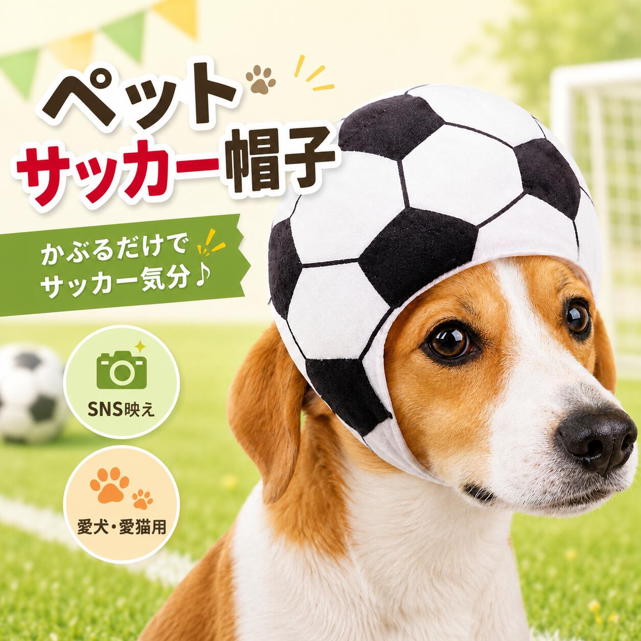 商品の特徴 【ワールドカップ応援に！犬猫兼用のサッカーボール帽子】 ◎かぶるだけでサッカー気分を楽しめるデザイン白黒のサッカーボール柄が目を引く、写真映え抜群のペット用帽子です。普段のおうち撮影はもちろん、スポーツ観戦、イベント、記念日、SNS用の写真撮影にもぴったり。愛犬・愛猫のかわいさをさらに引き立て、主役級の存在感を演出します。 ◎ふんわりやわらかな素材で快適なかぶり心地帽子全体はやさしい肌あたりのソフト素材を使用し、ペットの頭まわりをふんわり包み込みます。長時間の撮影やイベント時にも負担を感じにくく、デリケートなワンちゃん・ネコちゃんにも使いやすい仕様。見た目のかわいさだけでなく、快適さにもこだわりました。 ◎面ファスナー仕様で簡単に着脱・調整可能首まわりに合わせて調整しやすい面ファスナー付きなので、着せる時も外す時もスムーズ。ペットのサイズや毛量に合わせてフィット感を調節でき、ズレにくく安定した着用感を実現します。初めてペット用帽子を使う方にも扱いやすい便利なデザインです。 ◎正面・横・後ろ姿までかわいく見える立体設計丸みのあるサッカーボール風の立体フォルムで、正面からはもちろん、横顔や後ろ姿までキュートに見えるのが魅力です。頭全体を自然にカバーし、写真に写った時もバランスよく見えるデザイン。どの角度から撮っても愛らしい雰囲気を楽しめます。 ◎犬猫兼用でイベントやコスプレにも大活躍ワンちゃんにもネコちゃんにも使いやすいペット用サッカー帽子です。お誕生日、パーティー、ペットイベント、スポーツ応援、季節の記念撮影など幅広いシーンにおすすめ。かぶせるだけで楽しい雰囲気になり、家族や友人との思い出写真にもぴったりです。 仕様と詳細 素材 PP サイズ 約25*20CM 注意事項 ・簡易包装でお届けいたします。なるべくコミの出ない環境に優し簡易包装にて発送させて頂いております。配送時は丁寧に検品を行高品質な商品のお届けに努めます ・サイズ・重量は、多少の誤差が生じる場合がございます。 ・本製品には国の基準に適合する香料が使用されています。もし香りに敏感な場合は、換気の良い場所に 2 日間放置することで香りが薄れます。 ・手工測量と採寸方法違いより、1-3cmの誤差がございますので、ご了承ください。 ・画面上と実物では多少色具合が異なって見える場合もございますので、予めご了承下さい。 ・火気や高温の場所での保管は避けてください。 ・返品・交換は商品到着後、速やかにご連絡下さい（詳細はショップポリシー参照）。 メーカー希望小売価格はメーカーサイトに基づいて掲載しています