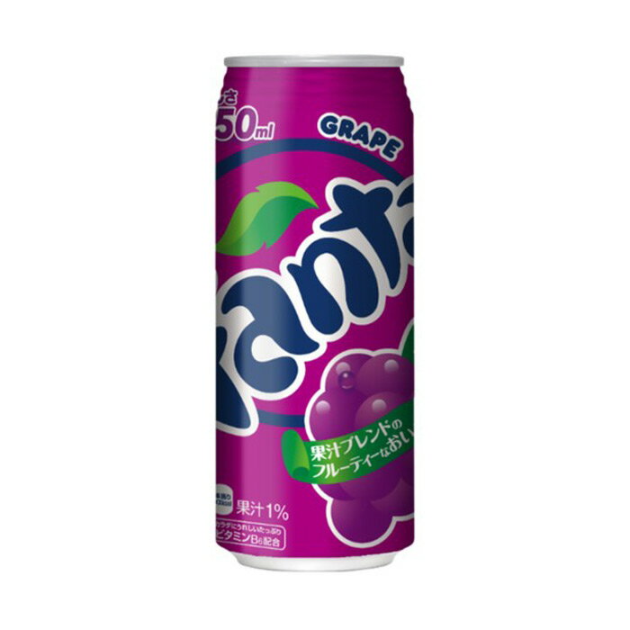 商　品　説　明 商品名 ファンタグレープ 500ml缶 入り数 500ml缶×48本 (24本×2ケース) ブランド ファンタ 商品Janコード 4902102035378 ケースJanコード 4902102052344 原材料 果糖ぶどう糖液糖、ぶどう果汁、ぶどうエキス、 香料、酸味料、着色料(カラメル、 アントシアニン)、保存料(安息香酸Na)、 甘味料(ステビア)、ビタミンB6 栄養成分 （100ml当り） エネルギー:46kcal たんぱく質:0g 脂質:0g 炭水化物:11.5g ナトリウム:5〜10mg ビタミンB6:0.4mg 賞味期限 メーカー製造日より12ヶ月 注意 ●この商品にメーカーからの直送です。配送業者は「日本郵便」となります。 ●リニューアル等で、パッケージ・内容など予告なく変更される場合がございます。 ●出荷時には万全のチェックをしておりますが、特に缶製品などは、現状の配送状況では、多少の輸送時の凹みは避けられませんので、ご了承ください。 ●商品に関するお問い合わせは下記になります。 　日本コカ・コーラ株式会社 　〒150-0002 　東渋谷区渋谷4-6-3 　0120-30-8509
