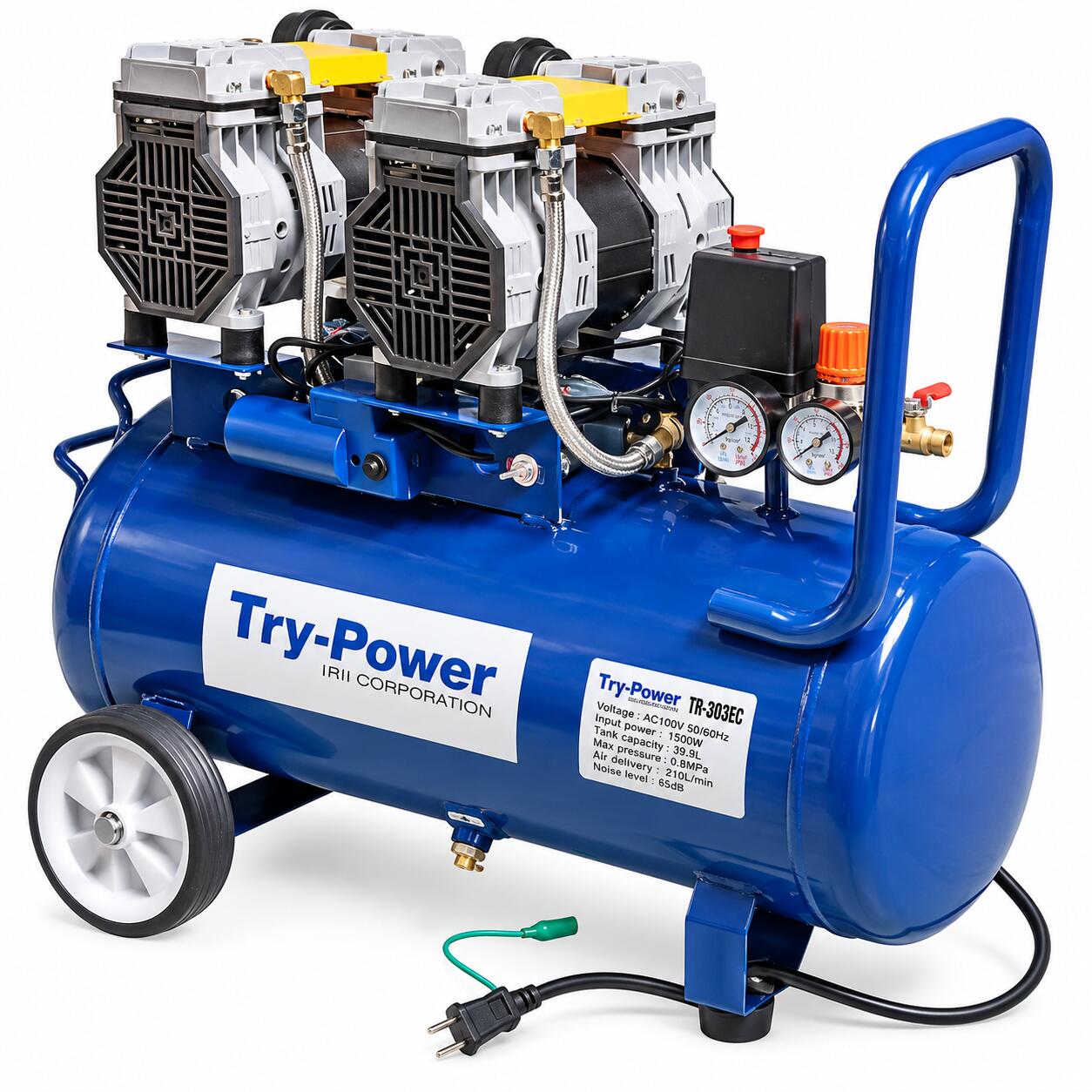 現場に合わせて、1馬力・2馬力を使い分け。 イリイ Try-Power TR-303ECは、AC100Vで使える2馬力・39Lタンクのオイルレスエアーコンプレッサーです。 ダブルブレーカースイッチにより、作業内容や現場環境に合わせて1馬力能力／2馬力能力を選択できます。 ■こんな現場・作業に ・建築塗装、外壁・屋根補修、吹付作業 ・内装、造作、リフォーム、店舗施工 ・自動車、バイク、農機、建機の整備 ・船舶、マリン、設備メンテナンス ・看板、金物、サッシ施工 ・舞台美術、イベント、展示会施工 ・農業、園芸、工房、レンタル用途 など ※使用するエア工具・スプレーガンの必要空気量、使用圧力をご確認ください。 ■TR-303ECの主な特長 ・AC100Vで2馬力 ・1馬力能力／2馬力能力の使い分けが可能 ・39Lエアタンク ・オイル交換不要のオイルレス方式 ・4気筒タイプ ・吐出空気量 210L/min（60Hz・メーカー公称値） ・最高圧力 0.78MPa ・騒音値 約65dB ■現場に合わせた使い方 エアブロー、空気充填、タッカーなど比較的エア消費量の少ない作業では1馬力能力、インパクトレンチや吹付作業などエア消費量が多い作業では2馬力能力というように、仕事内容に合わせた運転ができます。 ※実際に必要な能力は使用機器によって異なります。 ■主な仕様 メーカー：イリイ（IRII） ブランド：Try-Power 型式：TR-303EC 電源：AC100V 50/60Hz 出力：2馬力 消費電力：1.5kW タンク容量：39L 潤滑方式：オイルレス 最高圧力：0.78MPa 吐出空気量：210L/min（60Hz） 騒音値：約65dB 重量：約36kg ■ご購入前に必ずご確認ください 2馬力運転では十分な電源容量が必要です。AC100V・20Aを確保できる単独回路から直接給電してください。 電圧降下を防ぐため、延長コードの使用は極力避けてください。使用する場合は取扱説明書記載の条件を必ず守ってください。 発電機からの給電は行わないでください。 本機の最高圧力は0.78MPaです。高圧釘打機など、本機の使用圧力を超える工具には使用できません。 連続して大量の空気を消費する工具では能力が不足する場合があります。使用工具の仕様をご確認ください。100Vで、エア待ちを減らす。 Try-Power TR-303ECは、AC100Vで使える2馬力オイルレスエアーコンプレッサー。 39Lタンク×最大吐出量210L/min（60Hz）で、タイヤ交換・エアブロー・各種エアツール作業をテンポよく進めます。 100Vのまま、ワンランク上の作業効率へ。 最大吐出量210L/min。エア待ちを減らす。 エアツール使用後の回復力が作業テンポを左右します。 最大吐出量210L/min（60Hz）で、エア不足による待ち時間を軽減します。 こんな方におすすめ タイヤ交換・車やバイクの整備、エアブロー、インパクトなどのエアツール作業に。 1馬力クラスでは物足りなくなった方にもおすすめです。 ガレージだけでなく、さまざまな現場へ。 AC100V対応。自動車・バイク整備、建築・塗装、内装・リフォーム、農機・建機、船舶・マリン、イベント・展示会など幅広く活躍。 大型ハンドルと車輪を装備し、平坦な場所なら作業位置を変えながら使いやすい設計です。 ※本体重量約36kg。持ち上げて頻繁に運搬する用途には適していません。 静音65dB × オイルレス 住宅地のガレージや作業場でも使いやすい静音タイプ。オイル交換不要で日常メンテナンスの手間も軽減します。 1馬力相当／2馬力を使い分け 2基のポンプを個別にON/OFF。1基運転で1馬力相当、2基運転で2馬力。 作業内容や必要エア量に合わせて使い分けできます。 操作も分かりやすい 赤い電源スイッチは引いてON／押してOFF。オレンジのノブで吐出圧力を調整。 タンク内圧力計と吐出圧力計を装備し、状態をひと目で確認できます。 ご購入前に電源条件をご確認ください 2馬力運転にはAC100V・単独20Aの電源環境が必要です。延長コード・発電機・アース接続についても下記画像をご確認ください。 お届け後、一部部品の取り付けが必要です キャスター・車輪、足ゴム、消音エアフィルター2個はお客様にて取り付けてください。大がかりな組み立ては不要です。 Try-Power TR-303EC AC100V 50/60Hz / 2馬力 / 1.5kW / 39L / 最大吐出量210L/min（60Hz） / 最高圧力0.8MPa / 約65dB / オイルレス ※使用するエアツールの必要空気量・使用圧力をご確認のうえご使用ください。