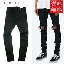 【送料無料】mnml X1 クラッシュ ダメージ スキニー デニム パンツ ブラック 黒 STRETCH DENIM Black ミニマル