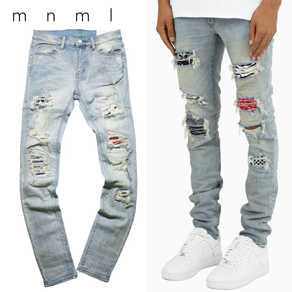 mnml X214 リペア スキニー デニム パンツ バンダナ チェッカー ゼブラ ブルー 青 STRETCH DENIM Bandana Checker Zebla Blue ミニマル