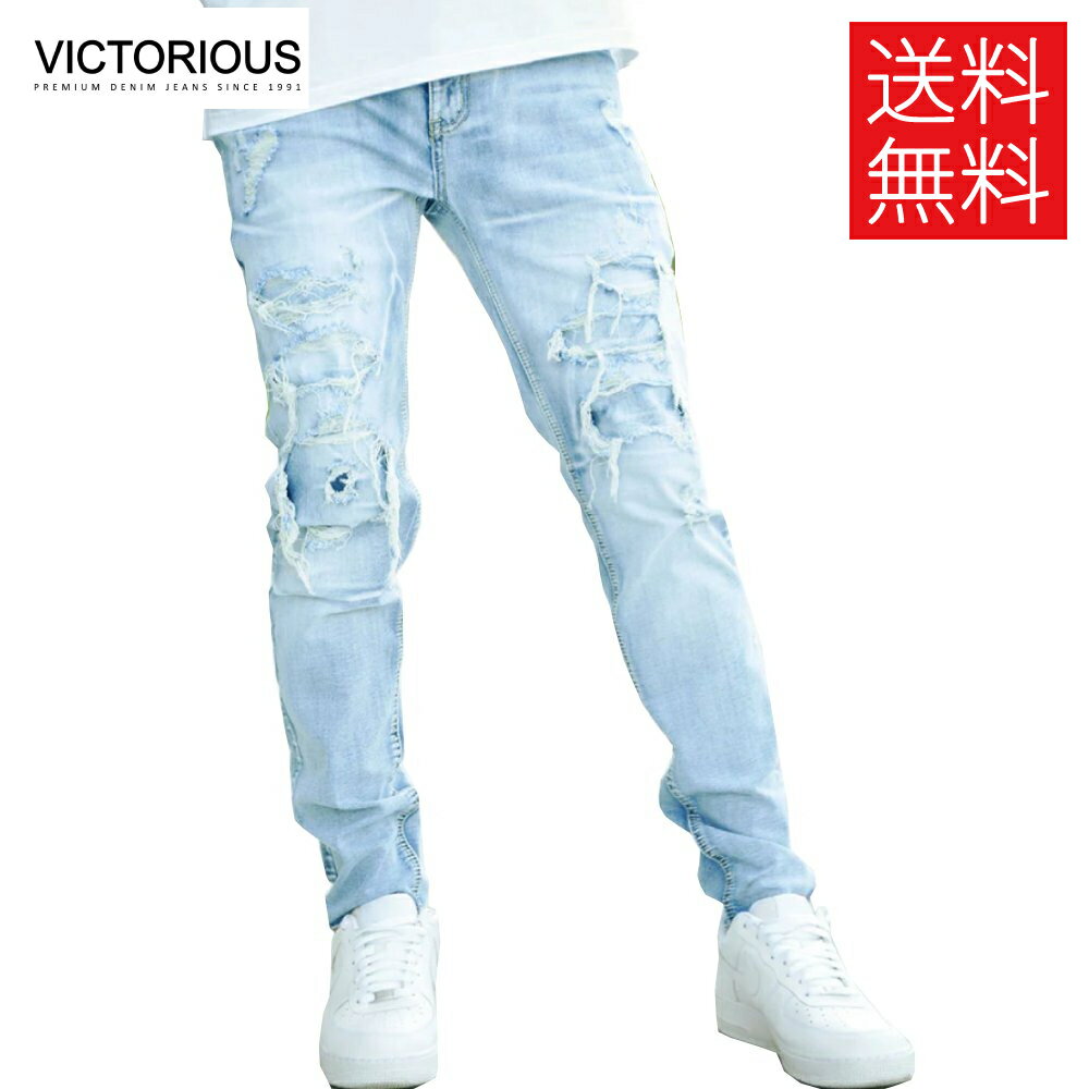 VICTORIOUS LA Rip & Repair デニムジーンズ ライトインディゴ ブルー Denim Jeans Light Indigo Blue ヴィクトリアス エルエー
