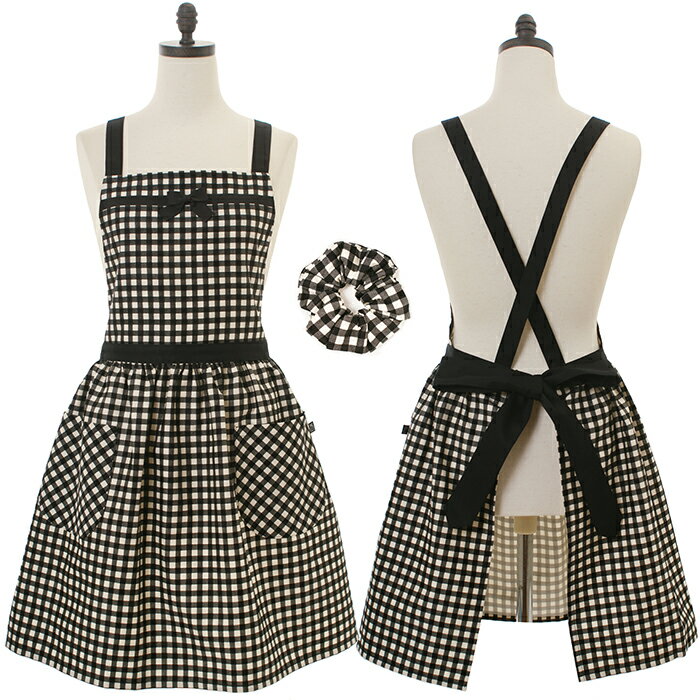 エプロンドレス 大人 エプロンスタイル かわいい 黒 チェック ライン リボン ガールズ エプロンドレス シュシュ付き SRDX01 カフェ 飲食店 ギンガムチェック リボン おしゃれ ワンピース バレンタイン 日本製 エプロンスタイル 昭和 レトロ 60's 結婚祝い 誕生日 プレゼントのサムネイル