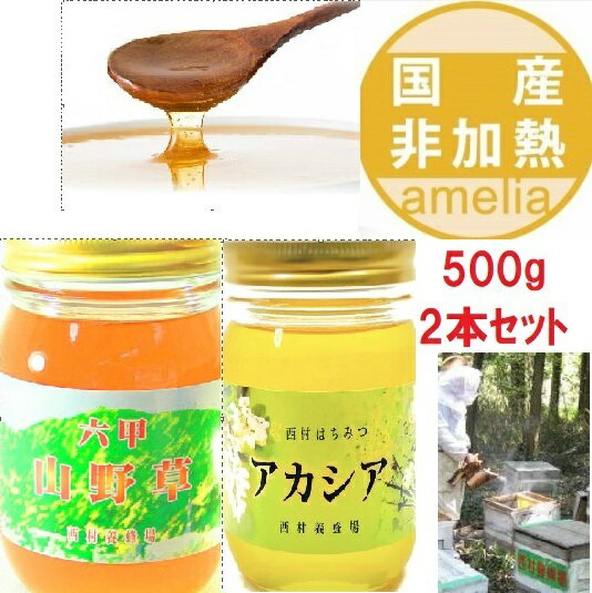 【期間限定で六甲山野草xアカシアのセットになります！】 国産 非加熱 はちみつ 自家製 【500g2本セット】 お歳暮 母の日 お中元 ギフト 内祝い 蜂蜜 ハチミツ 福袋 アメリア 西村はちみつ