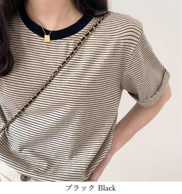 クルーネック 細ボーダー Tシャツ 半袖 カットソー 袖折り返し 最新入荷 シンプル レイヤード メ込2 カジュアル 重ね着 ガーリー 春夏 きれいめ 韓国ファッション