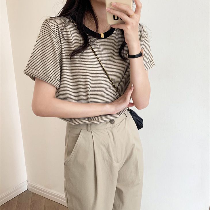 クルーネック 細ボーダー Tシャツ 半袖 カットソー 袖折り返し 最新入荷 シンプル レイヤード メ込2 カジュアル 重ね着 ガーリー 春夏 きれいめ 韓国ファッション