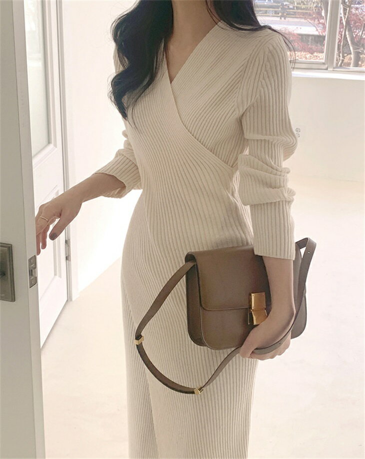 カシュクール風 リブニット ワンピース ゆったり 長袖 ミディ丈 きれいめ 細身 春夏 韓国ファッション 新しいブランド ガーリー カジュアル 宅込