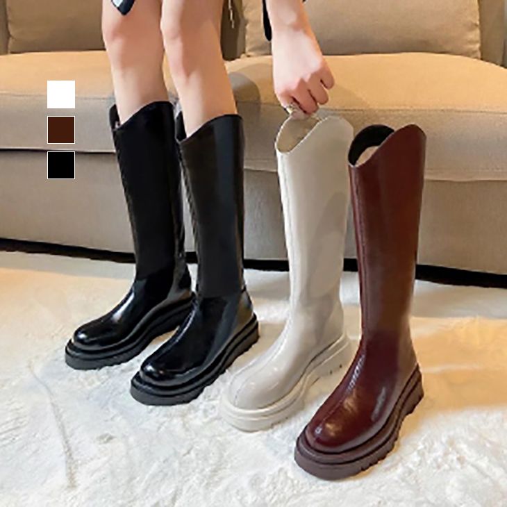 【半額クーポン対象】【秋冬】ロングブーツ ブーツ 合皮 フラット ラウンドトゥ シンプル レディース 厚底 歩きやすい 秋服 韓国ファッション【k3-yy206】【即納：1-5営業日】【送料無料】80込