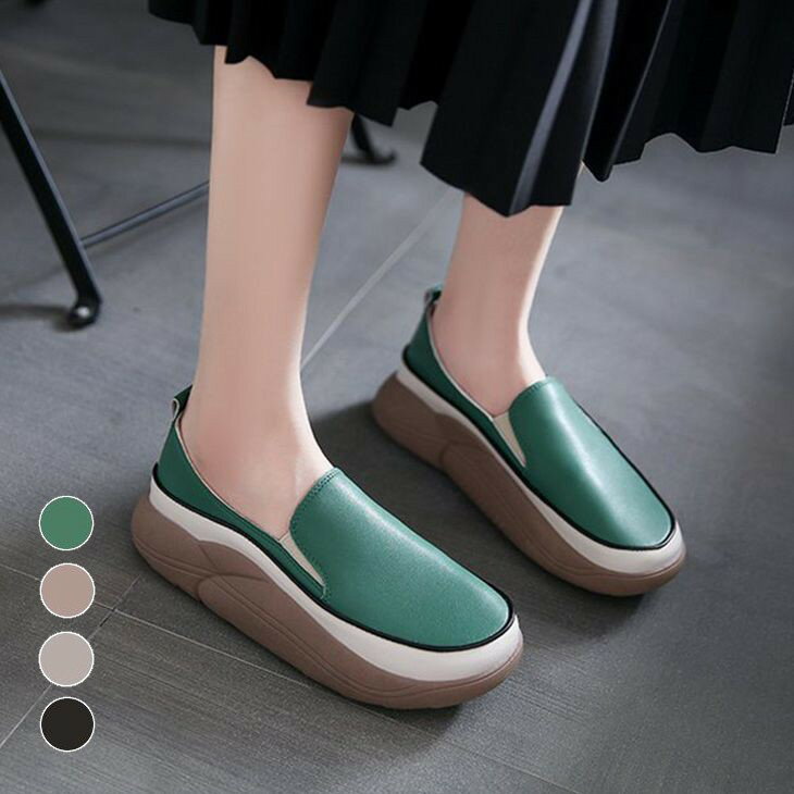 【半額クーポン対象】厚底 スリッポン スニーカー フラットシューズ 靴 PU 合皮 カジュアル シンプル おしゃれ 楽ちん ぺたんこ ローカット 紐なし オールシーズン レディース 韓国ファッション【ash208-189】【即納：1-5営業日】【送料無料】宅込のサムネイル