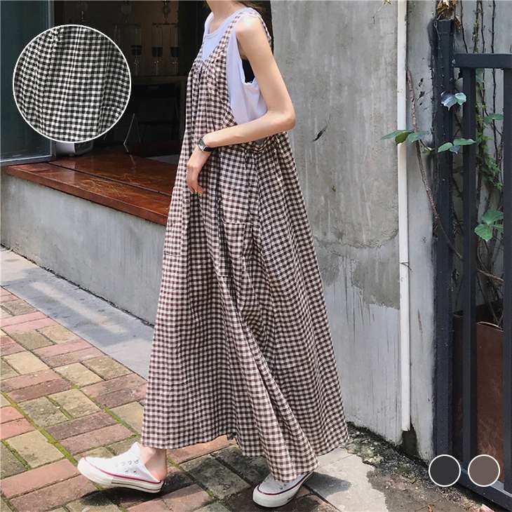 【福袋対象】ギンガムチェック サロペット パンツ ワイド ゆったり センターボタン 綿混 コットン 2023春夏 韓国ファッション【asr205-310】【即納：1-5営業日】【送料無料】メ込2のサムネイル