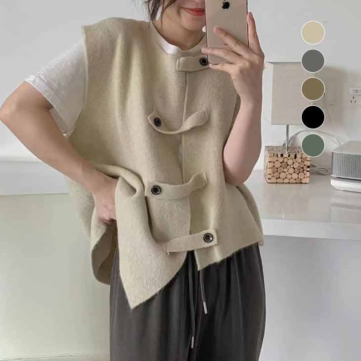 【半額クーポン対象】デザインボタン モヘアニット ベスト トップス ショート丈 重ね着 レイヤード ノーカラー きれいめ カジュアル ガーリー 女子会 可愛い お洒落 レディース 韓国ファッション【atp208-103】【即納：1-5営業日】【送料無料】メ込2のサムネイル