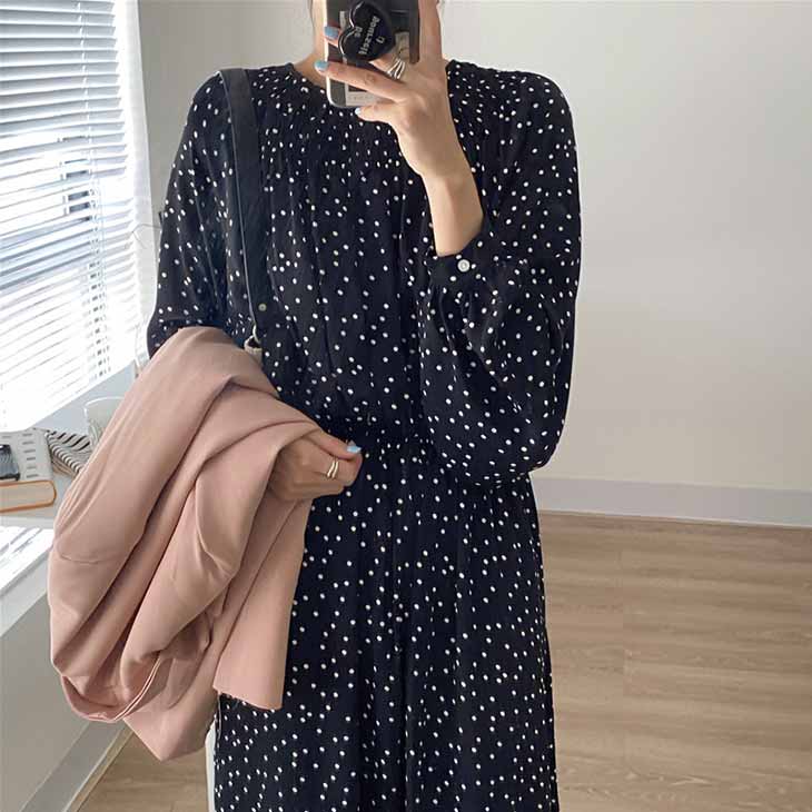 ワンピース ウエストシャーリングワンピース ドット柄 ラウンドネック カジュアル きれいめ おしゃれ お出かけ 花見 ブラック レディース 韓国ファッション 【awp302-013】【予約販売：15-20日】【送料無料】メ込2のサムネイル