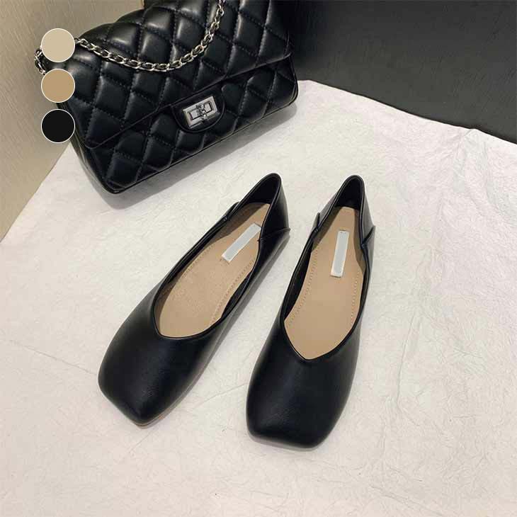 【半額クーポン対象】Vカット スクエアトゥ バレエシューズ ぺたんこ フラット ローヒール 靴 PU シューズ 軽量 歩きやすい 痛くない ガーリー シンプル お洒落 レディース 大人 韓国ファッション 【k3-jk68】【予約販売：3月14日入荷予定順次発送】【送料無料】宅込のサムネイル