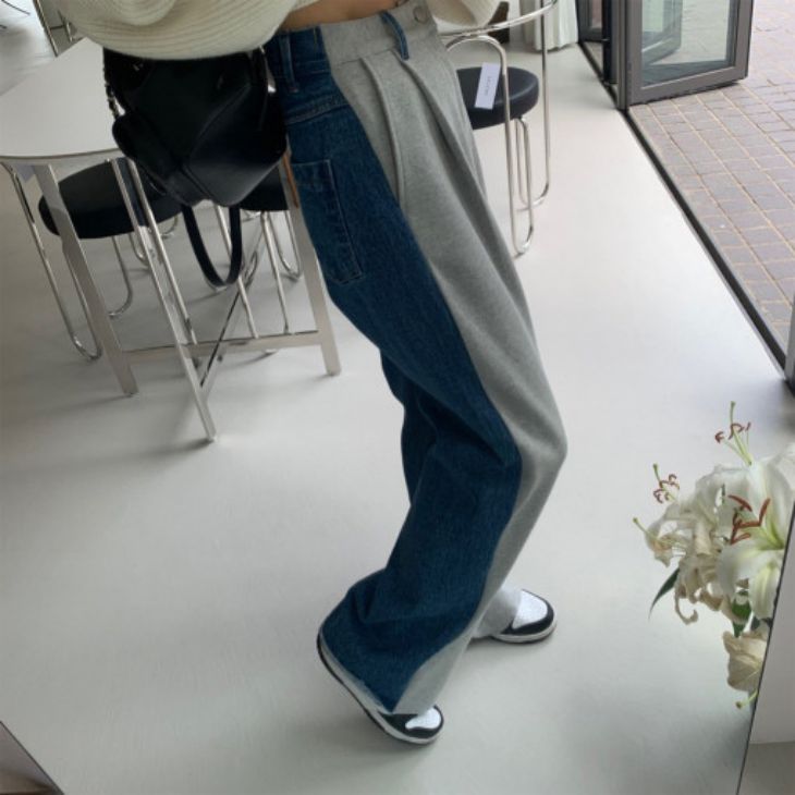 異素材 ワイドパンツ バイカラー 配色 ロング丈 デニム 切り替え ストレート ゆったり 体型カバー スウェット カジュアル オシャレ トレンド 人気 プチプラ 韓国ファッション【abt401-140】【予約販売：15-20日】【送料無料】メ込4