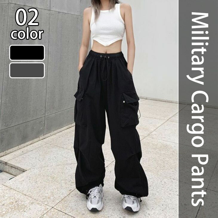 【半額クーポン対象】カーゴパンツ ドロスト ワイドパンツ ボトムス 長ズボン サイドポケット ダンス ヒップホップ カジュアル 薄手 ゆったり オシャレ トレンド 人気 プチプラ 韓国ファッション 【abt401-154】【予約販売：15-20日】【送料無料】メ込2のサムネイル