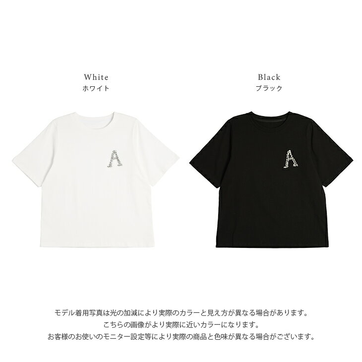 【60％OFFクーポン対象】Tシャツ ビジュー 半袖 ラウンドネック トップス ロゴTシ...