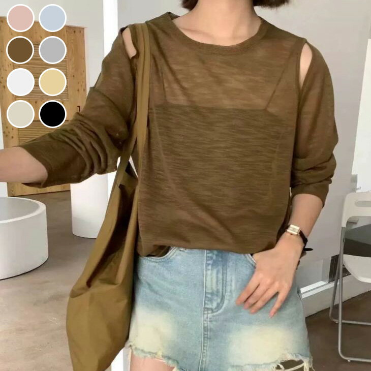 【半額クーポン対象】リネンライク シアー トップス カットアウト 長袖 トレンド 韓国ファッション おすすめ 可愛い おしゃれ レディース メール便 2025秋冬新作【atp406-564】【予約販売：15-20日】【送料無料】ユ込2のサムネイル