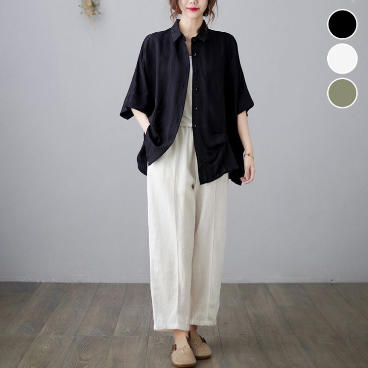 【半額クーポン対象】5分袖シャツ トップス リネンライク 羽織り ドルマン ゆったり 綿麻混 体型カバー 冷房対策 レディース おすすめ おしゃれ フリーサイズ メール便 2025秋冬新作 【atp406-634】【予約販売：15-20日】【送料無料】メ込2のサムネイル