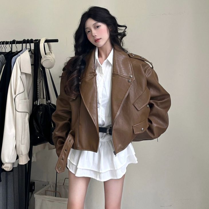 【半額クーポン対象】アウター フェイクレザー ライダース ジャケット PUレザー ショート丈 オーバーサイズ 長袖 レディース 韓国ファッション 【24aw-it43】【予約販売：15-20日】【送料無料】60込のサムネイル