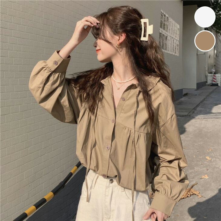 【半額クーポン対象】襟付き ブラウス 紐付き シャツ ゆったり フェミニン きれいめ ガーリー 長袖 無地 シンプル 秋冬 おすすめ レディース オシャレ トレンド 人気 プチプラ 韓国ファッション【24aw-it109】【予約販売：15-20日】【送料無料】メ込2のサムネイル