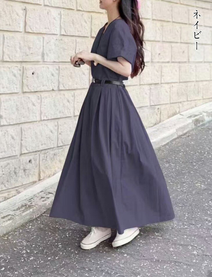 【半額クーポン対象】Vネック ロングワンピース ベルト付き マキシ丈 半袖 ワンピ 無地 シンプル カジュアル きれいめ 春夏 おすすめ レディース オシャレ トレンド 人気 プチプラ 韓国ファッション【1639-fx】【予約販売：15-20日】【送料無料】メ込2