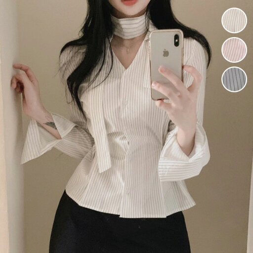 【半額クーポン対象】ボウタイ付き ストライプ ブラウス シャツ Vネック 長袖 シンプル きれいめ オフィス 女子会 デート 春夏 おすすめ レディース オシャレ トレンド 人気 プチプラ 韓国ファッション【5018-fx】【予約販売:15-20日】【送料無料】メ込2 【半額クーポン対象】ボウタイ付き ストライプ ブラウス シャツ Vネック 長袖 シンプル きれいめ オフィス 女子会 デート 春夏 おすすめ レディース オシャレ トレンド 人気 プチプラ 韓国ファッション【5018-fx】【予約販売:15-20日】【送料無料】メ込2