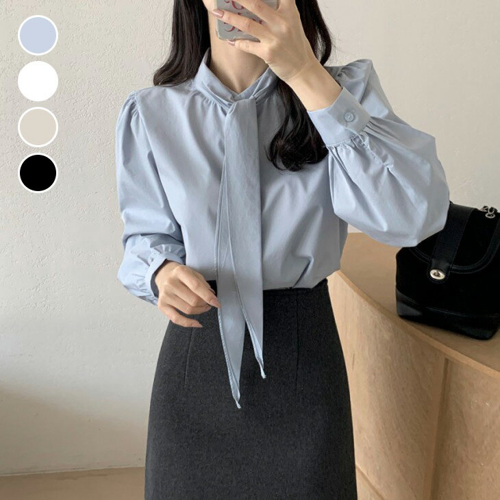 ボウタイ付きパフスリーブブラウスノ...