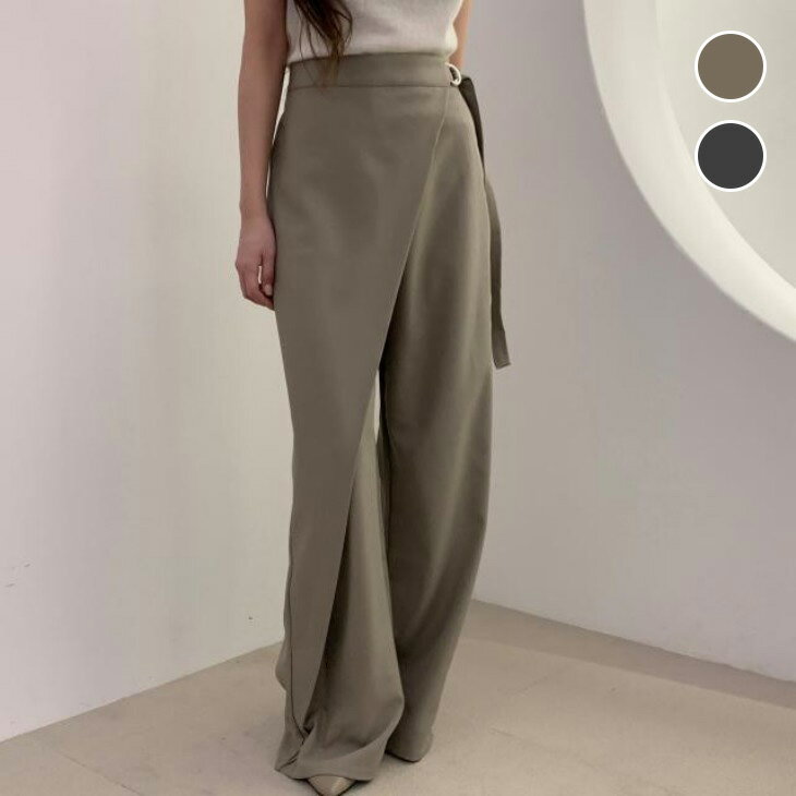 【半額クーポン対象】アシンメトリー ラッフル ワイドパンツ ベルト風 ウエストマーク スラックス ボトムス オールシーズン おすすめ レディース オシャレ トレンド 人気 プチプラ 韓国ファッション 【5012-fx】【予約販売：15-20日】【送料無料】メ込2