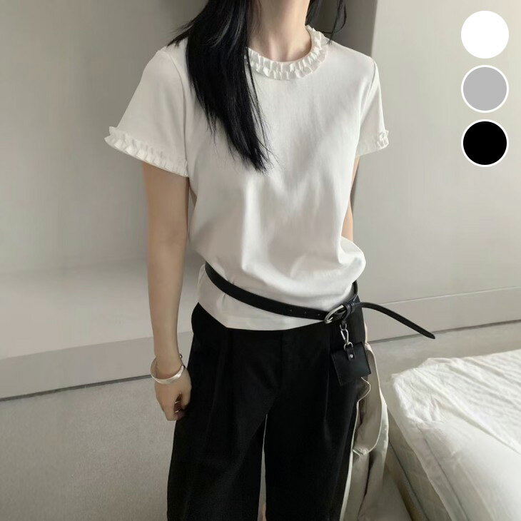 樂天商城 - 【半額クーポン対象】フリル ネック Tシャツ 袖フリル 半袖 無地 トップス シンプル カジュアル きれいめ オフィス 夏 おすすめ レディース オシャレ トレンド 人気 プチプラ 韓国ファッション 【atp13h-wp】【予約販売：15-20日】【送料無料】メ込2