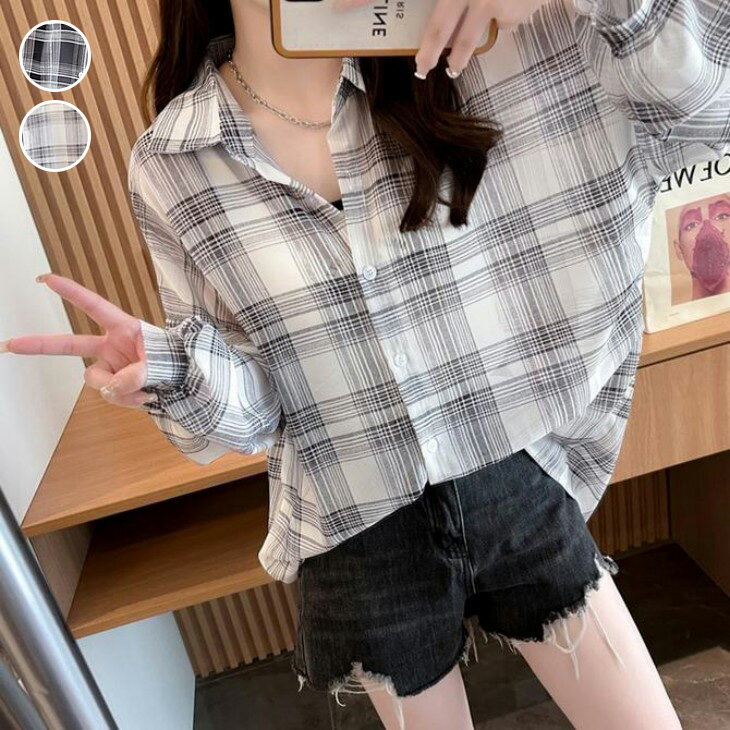 【半額クーポン対象】チェック柄シャツ シアー 透け感 オーバーサイズ 羽織り UV紫外線 冷房対策 おすすめ おしゃれ デート お出かけ レディース トレンド 人気 プチプラ 韓国ファッション 2025春夏新作 【9252-gc02】【予約販売：15-20日】【送料無料】メ込2のサムネイル